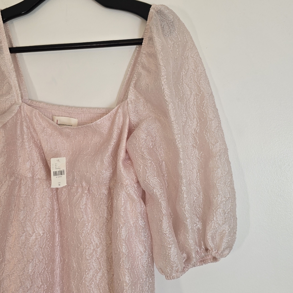 NWT Anthropologie Textured Puff Sleeve Pink Midi Dress Medium - Picture 5 of 9